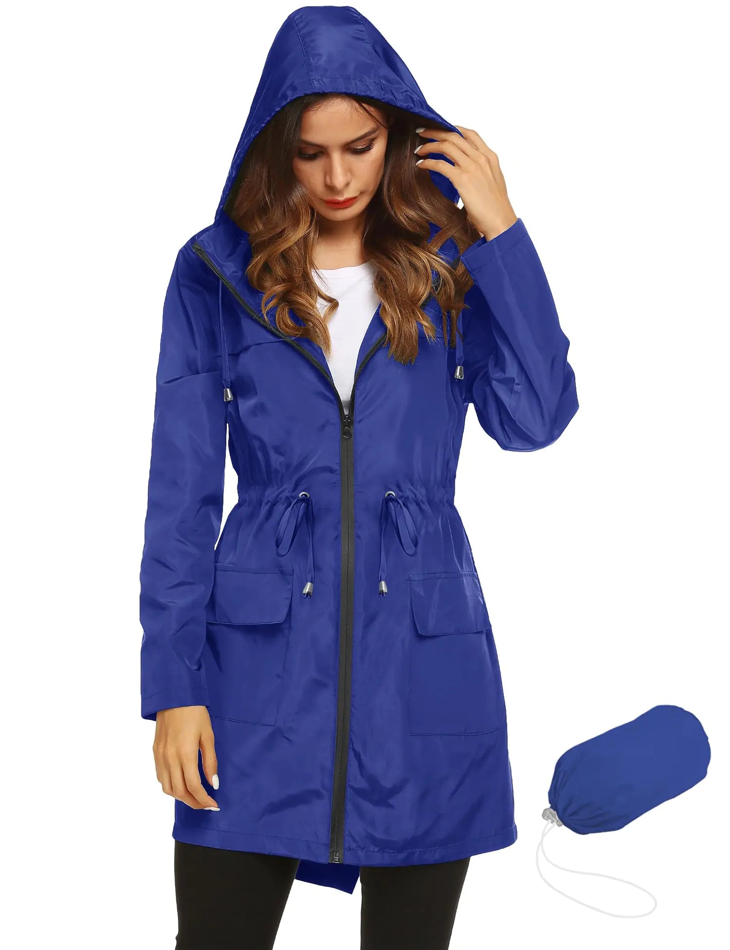 Lomon Women Waterproof Lightweight Rain Jacket Active Outdoor Hooded Raincoat XX-Large Royal Blue(waist Drawstring)