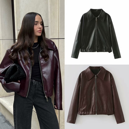 Solid Color Lapel Zipper Jacket Fashion Casual Long Sleeve Leather Coat Tops Women Clothing