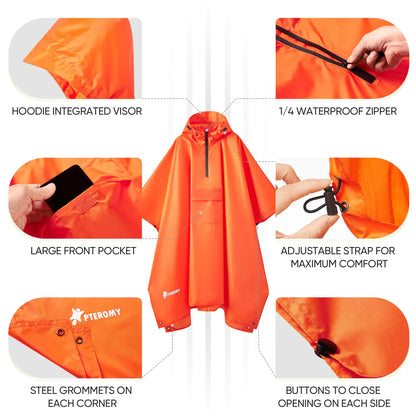 PTEROMY Hooded Rain Poncho for Adult with Pocket, Waterproof Lightweight Unisex Raincoat for Hiking Camping Emergency Orange 1/4 Zipper