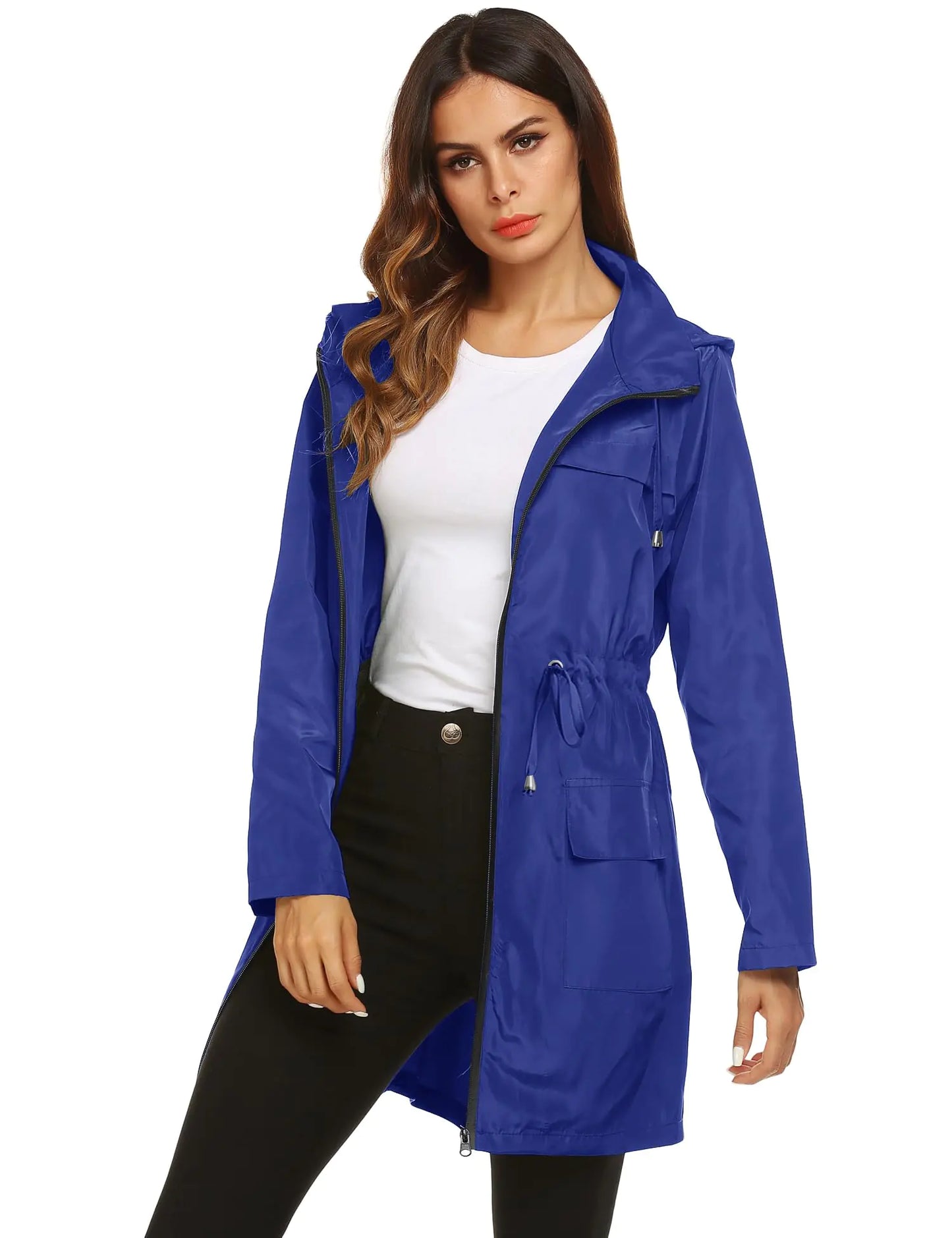 Lomon Women Waterproof Lightweight Rain Jacket Active Outdoor Hooded Raincoat XX-Large Royal Blue(waist Drawstring)