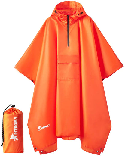 PTEROMY Hooded Rain Poncho for Adult with Pocket, Waterproof Lightweight Unisex Raincoat for Hiking Camping Emergency Orange 1/4 Zipper