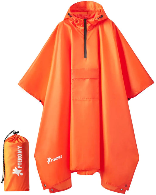 PTEROMY Hooded Rain Poncho for Adult with Pocket, Waterproof Lightweight Unisex Raincoat for Hiking Camping Emergency Orange 1/4 Zipper