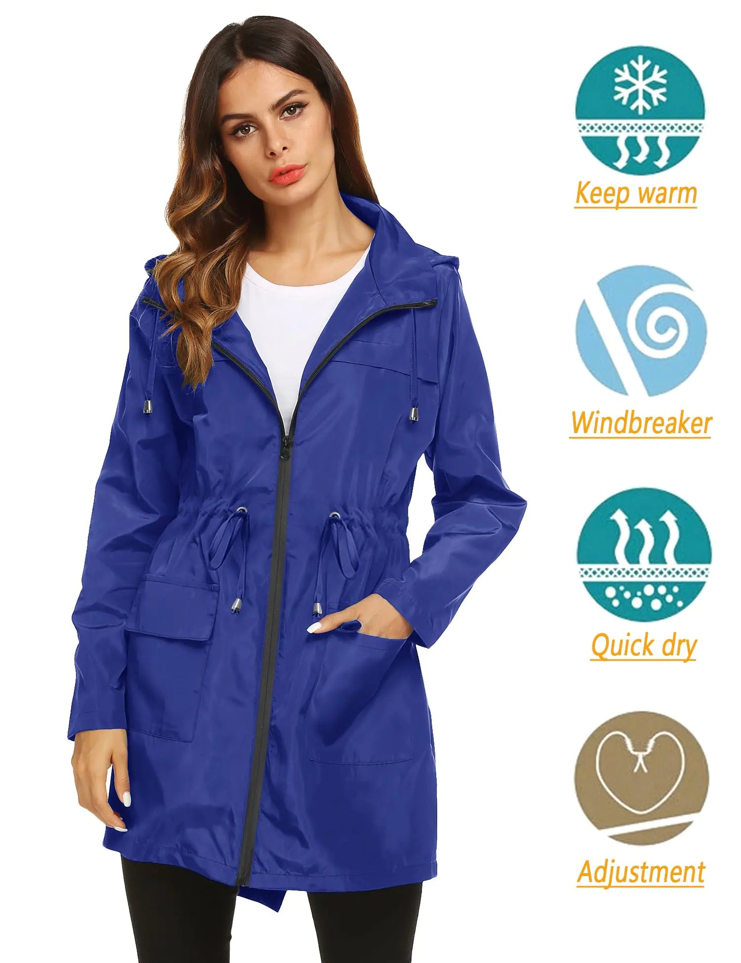 Lomon Women Waterproof Lightweight Rain Jacket Active Outdoor Hooded Raincoat XX-Large Royal Blue(waist Drawstring)