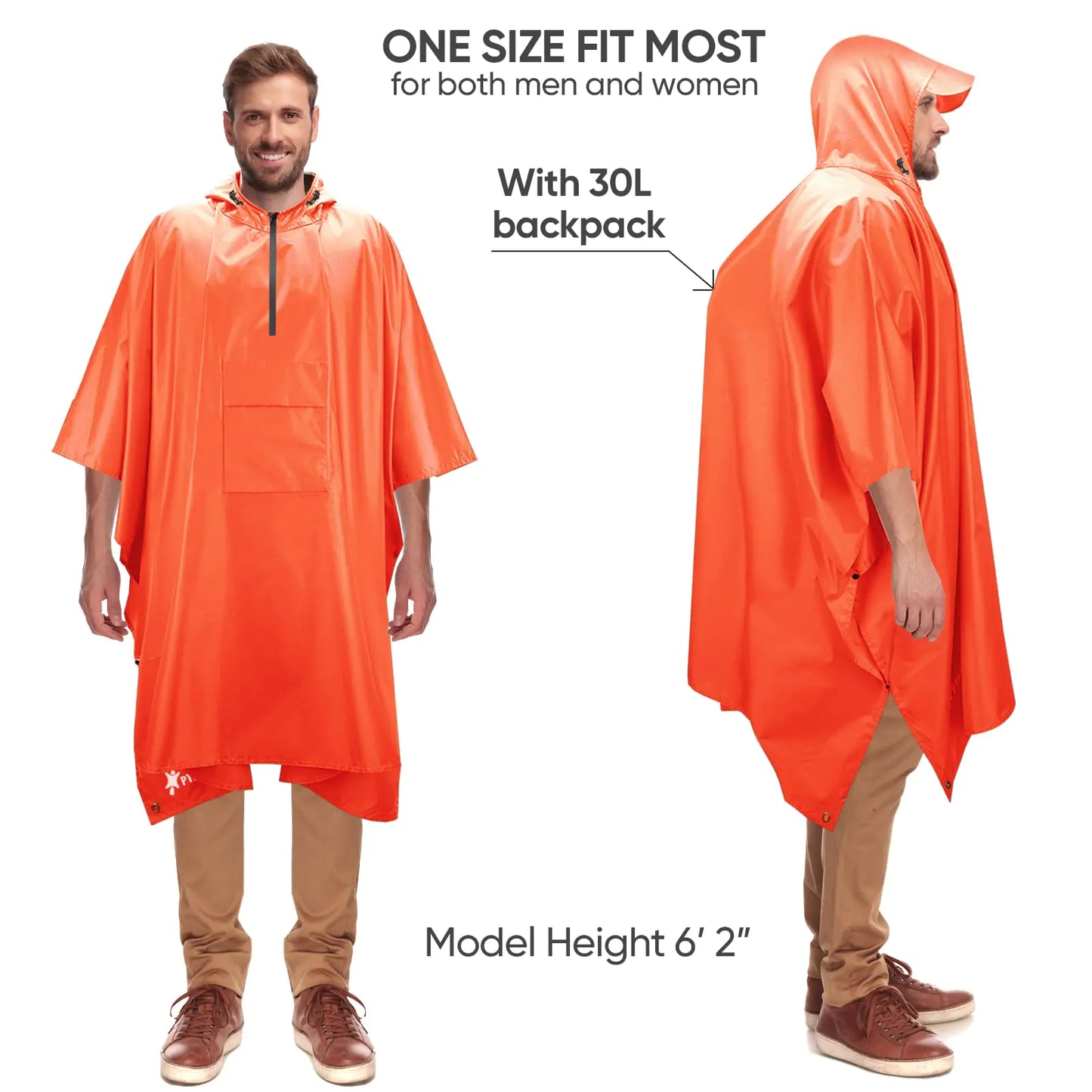 PTEROMY Hooded Rain Poncho for Adult with Pocket, Waterproof Lightweight Unisex Raincoat for Hiking Camping Emergency Orange 1/4 Zipper